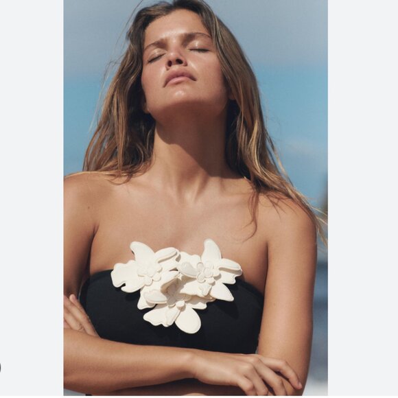 Zara Black Floral Bandeau Swimsuit With White Flowers L NWT 0167/032 - Picture 3 of 7